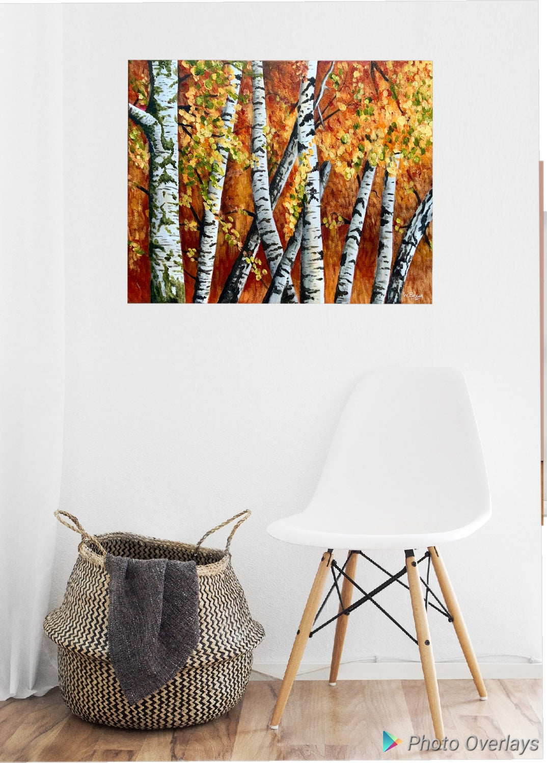 Fiery orange autumn leaves on white bark birch trees - original painting by UK based artist Wendy Brown.