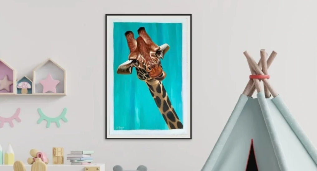 Quirky fun giraffe painting on turquoise background - fine art print by UK based artist Wendy Brown, Weston-super-Mare.