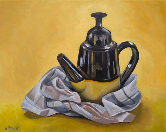 Acrylic painting of a mid century espresso coffee pot on a mustard yellow background.