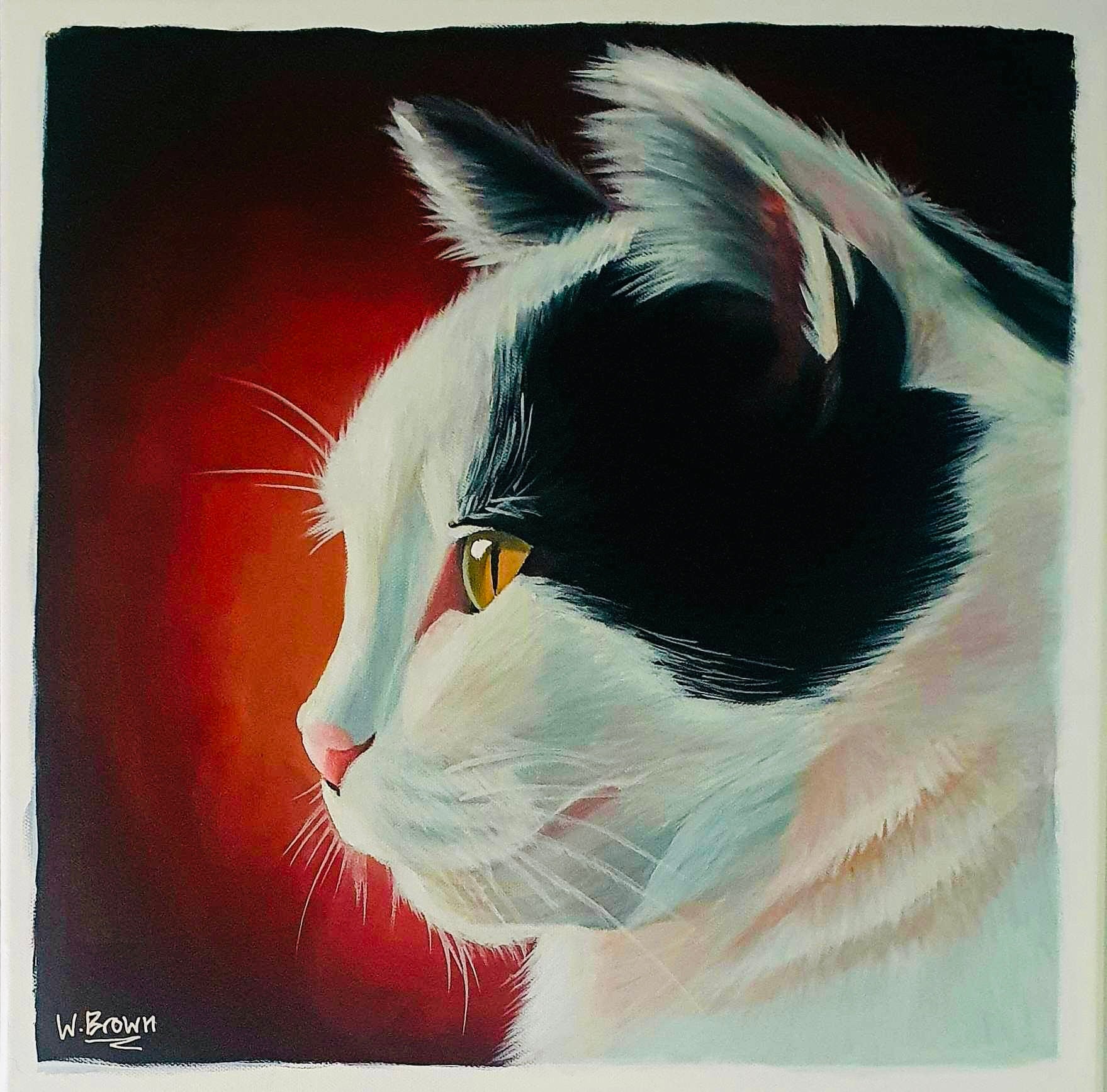 Cat painting on a warm red background. Pet portrait by Wendy Brown.
