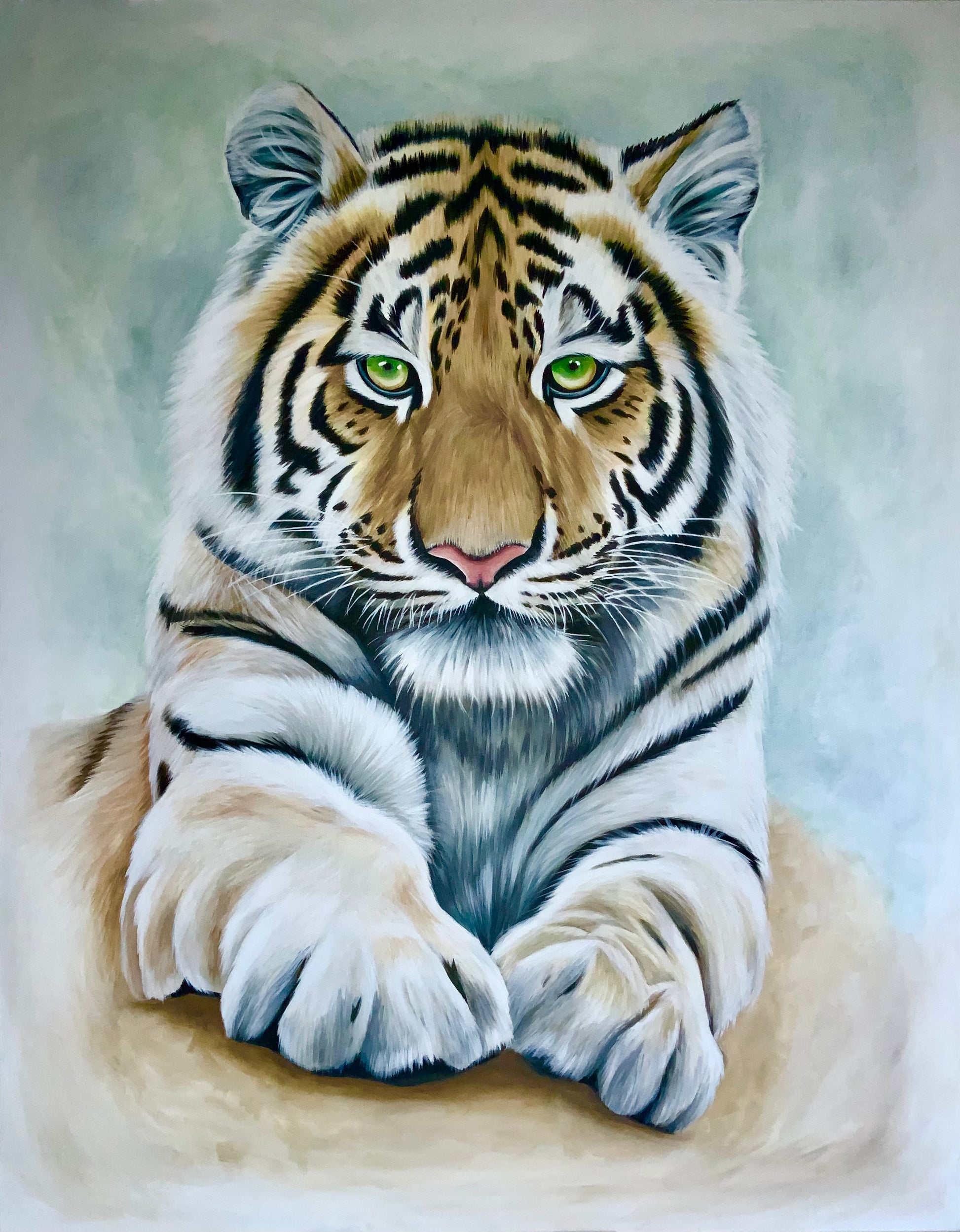 Wild Sentinel, a large custom tiger portrait in calming colours showing the inner cat with an edge of menace.