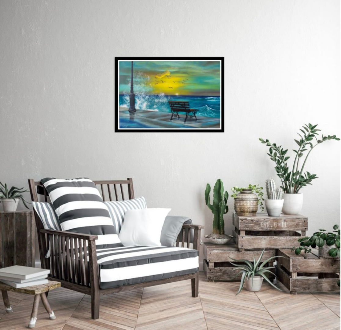 Oil painting of a seafront bench with splashing sea and a twilight sunset in turquoise and teal. Room mockup.