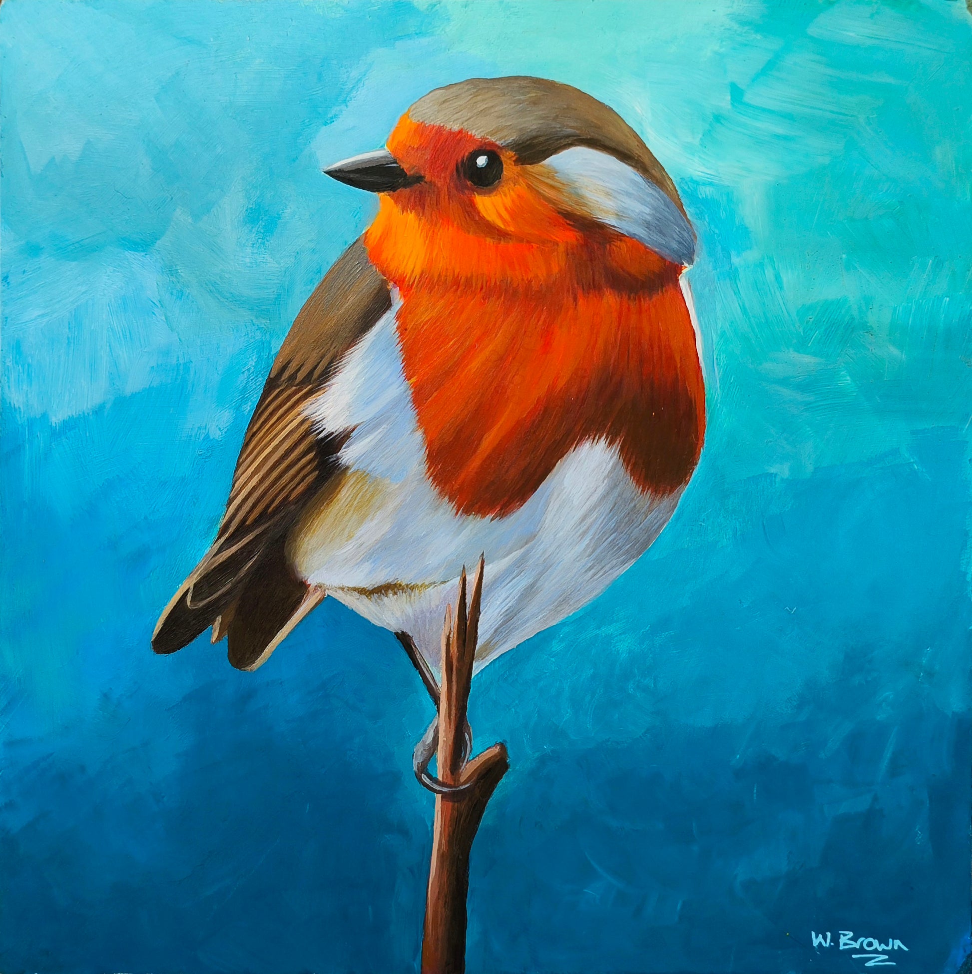 Acrylic painting of European robin on blue background