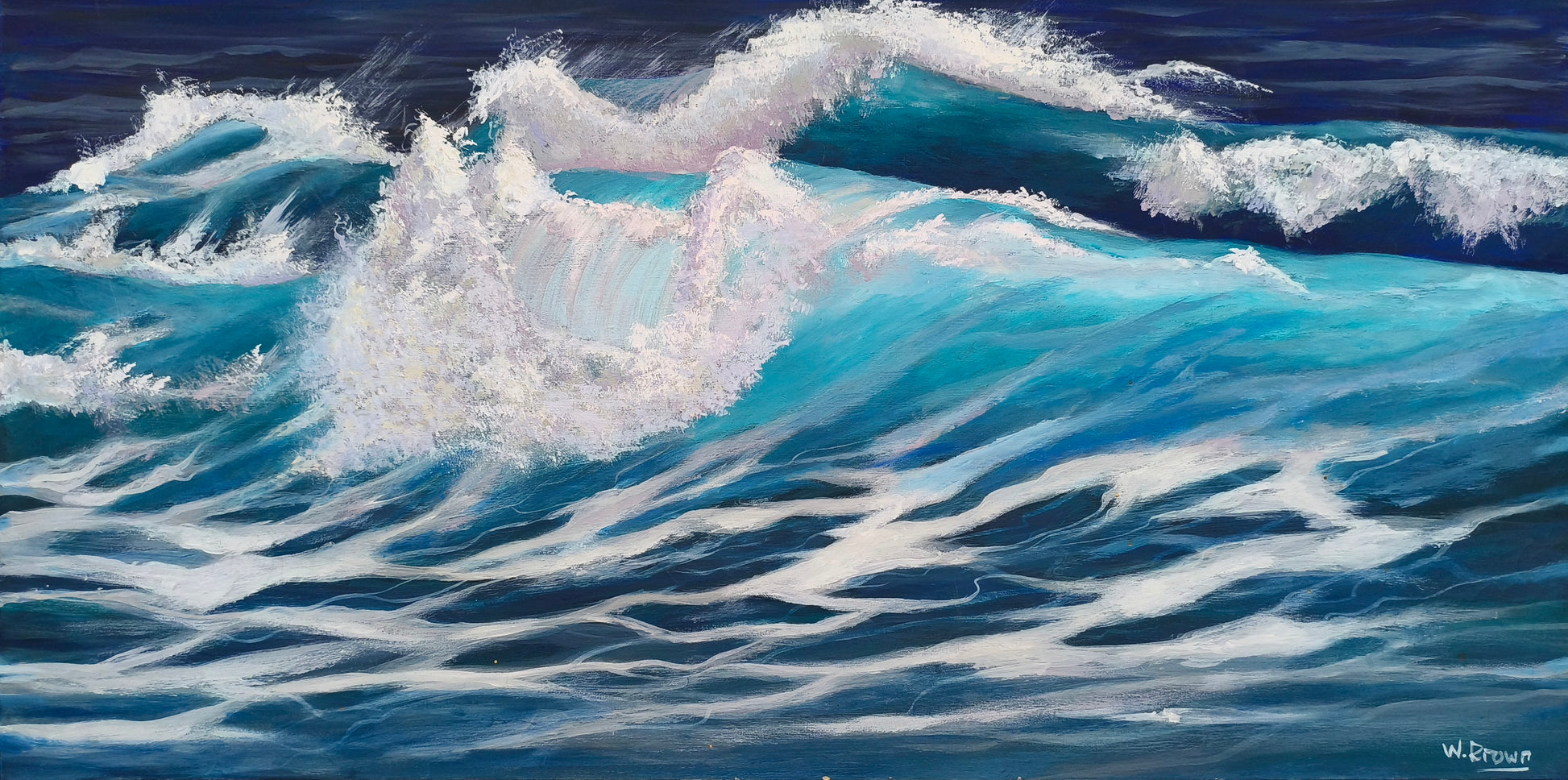 Large acrylic painting of powerful waves in turquoise and blue.