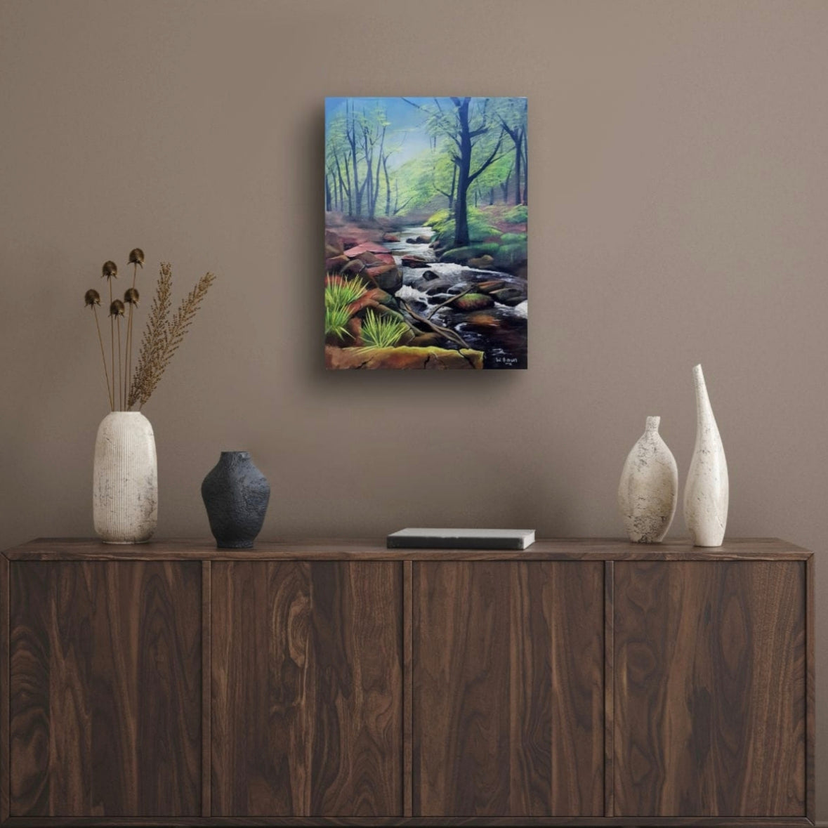 Room mock up showing the atmospheric river painting bringing life and nature to a neutral room