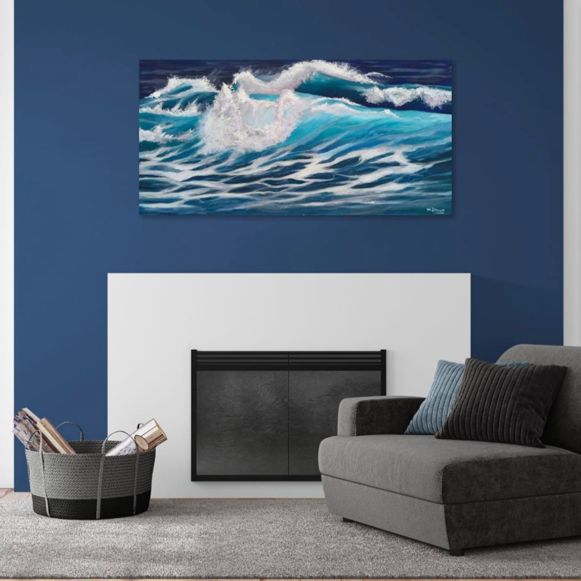 Large acrylic painting of powerful waves in turquoise and blue. Room mockup.