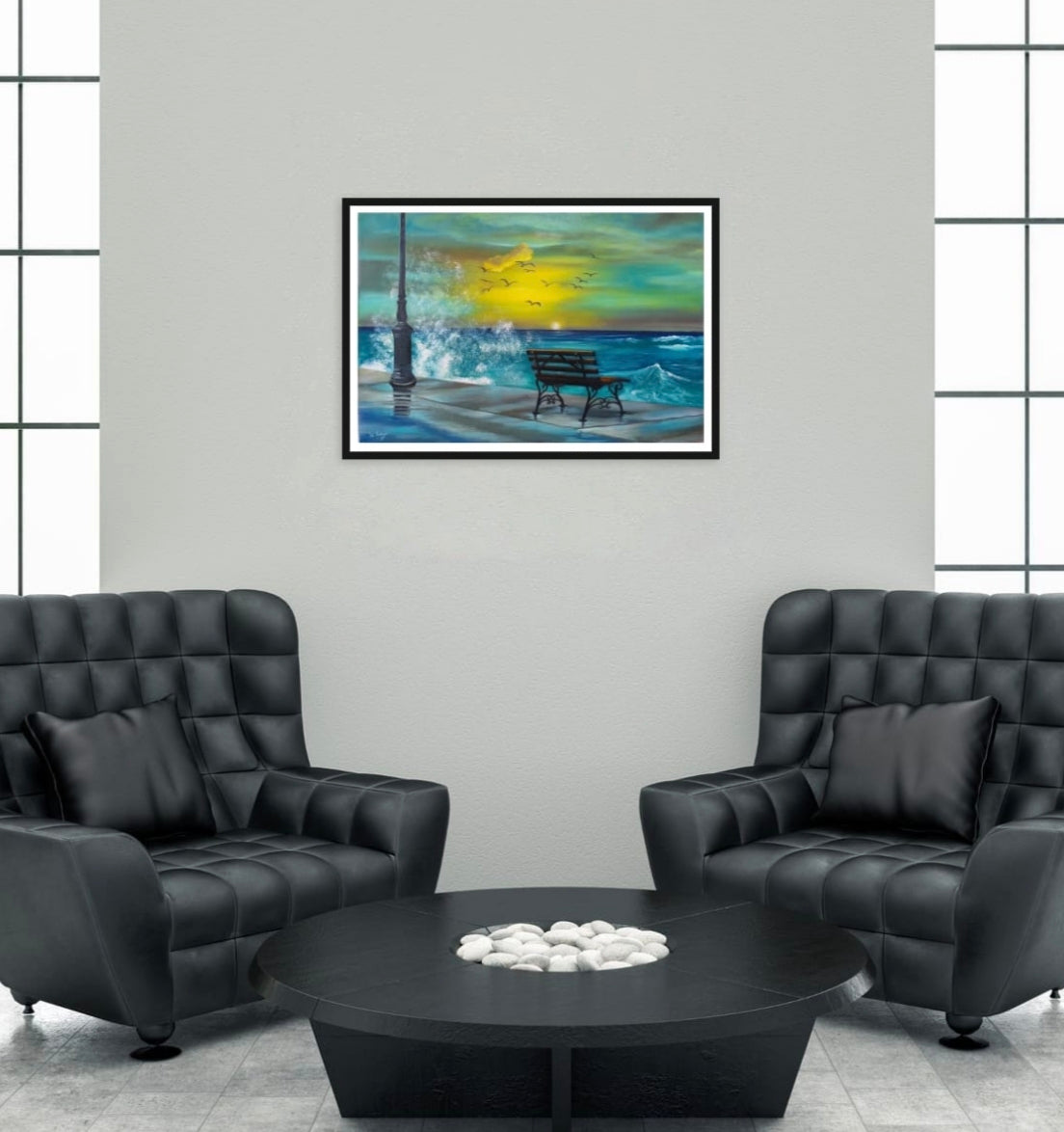 Oil painting of a seafront bench with splashing sea and a twilight sunset in turquoise and teal. Room mockup.