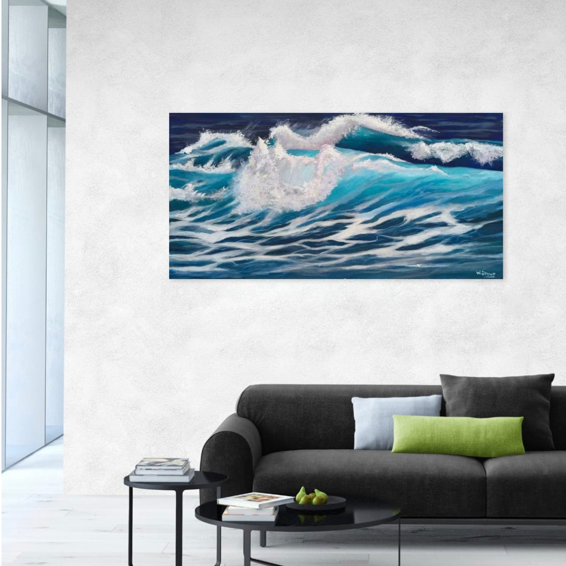 Large acrylic painting of powerful waves in turquoise and blue. Room mockup.