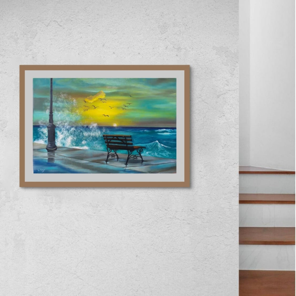 Oil painting of a seafront bench with splashing sea and a twilight sunset in turquoise and teal. Room mockup.