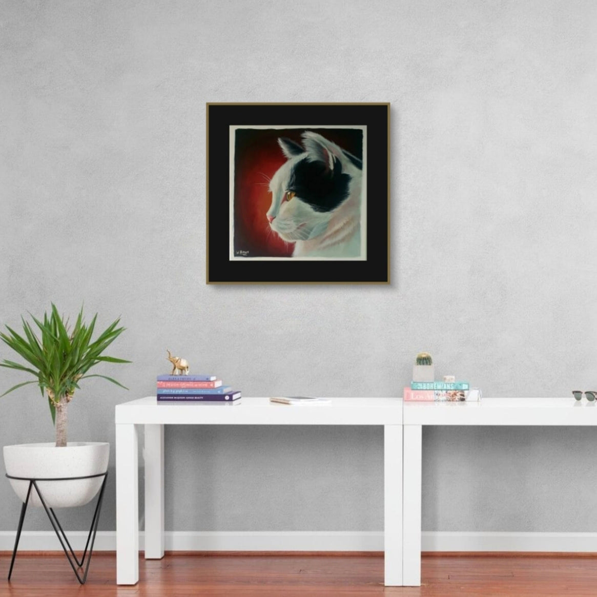 Cat painting on a warm red background. Pet portrait by Wendy Brown. Room mock up.