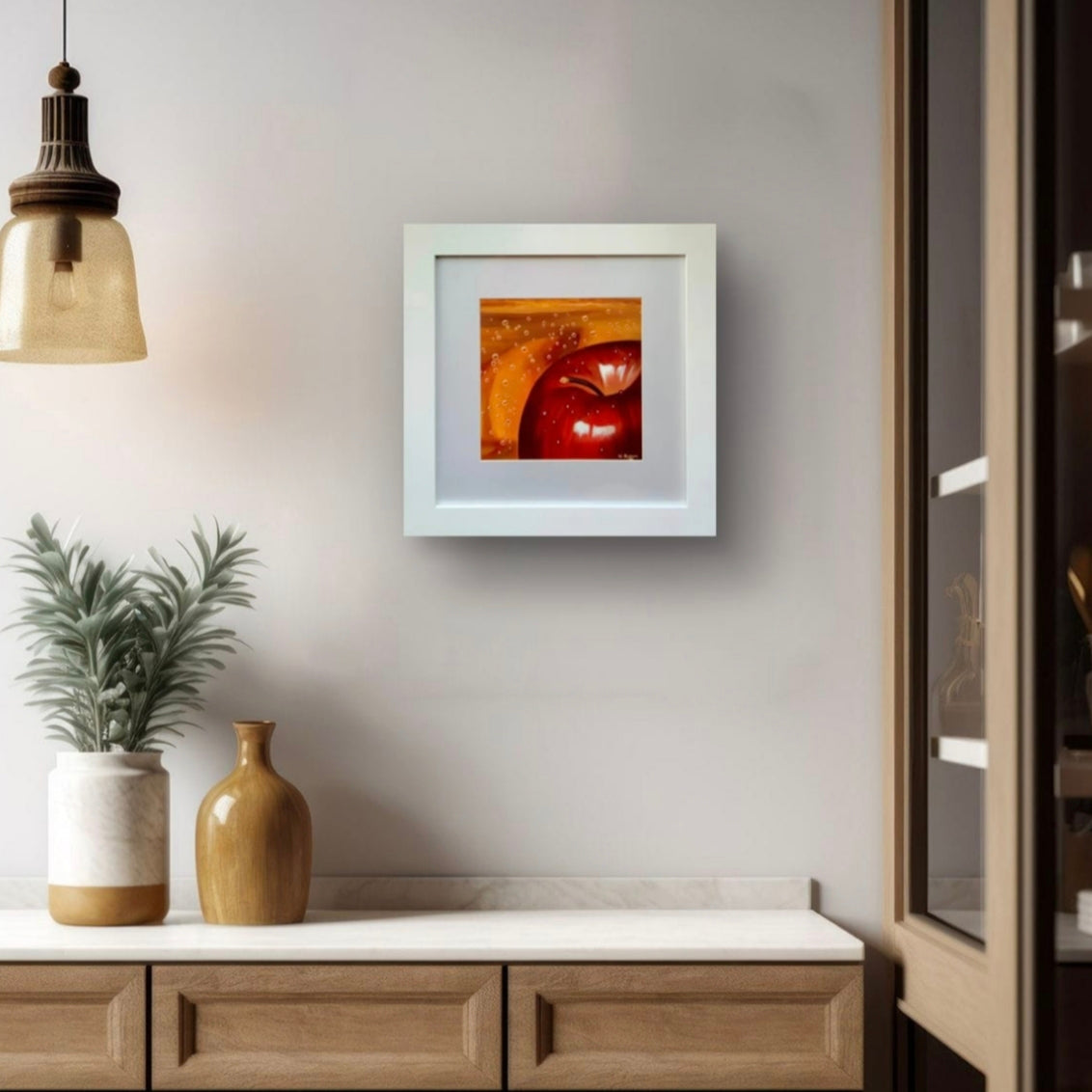 Room mockup showing framed painting brightening up a dull corner
