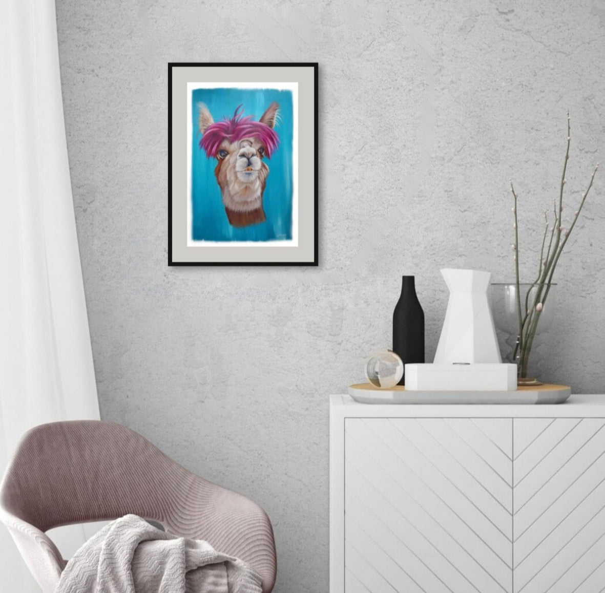Room mock up showing the bold, modern colours of the Alpaca print, brightening up a very neutral room.