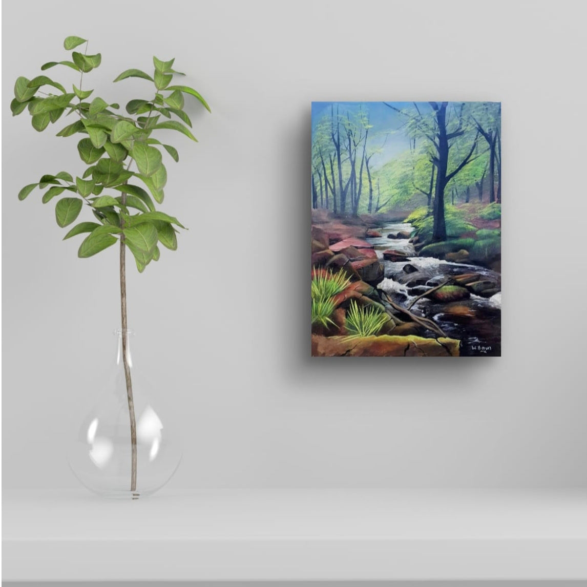 Room mock up showing the atmospheric river painting tying in with the greens of the plant