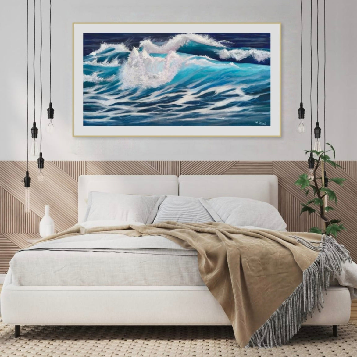 Large acrylic painting of powerful waves in turquoise and blue. Room mockup.