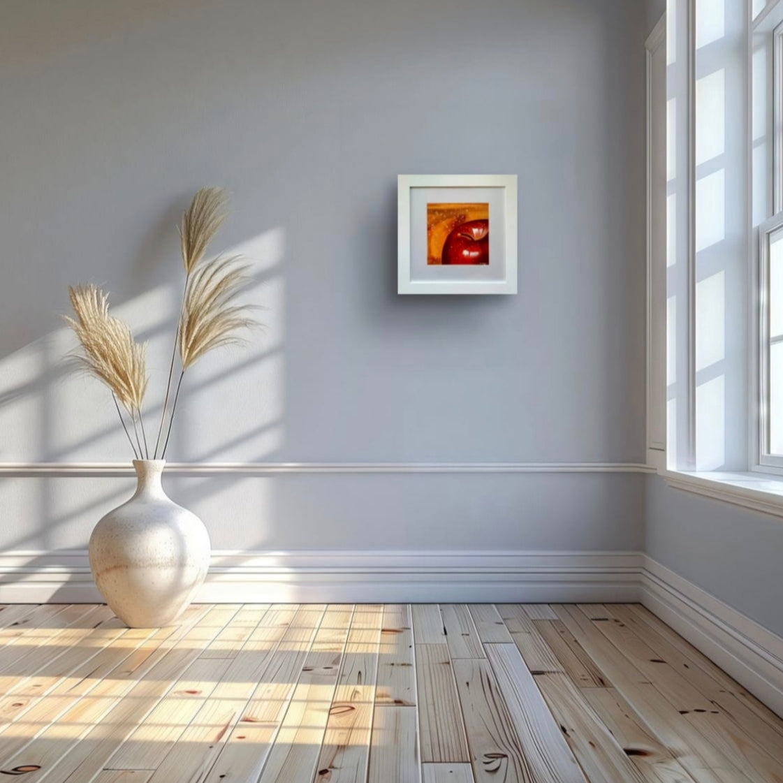 Room mockup showing framed painting brightening up a boring wall