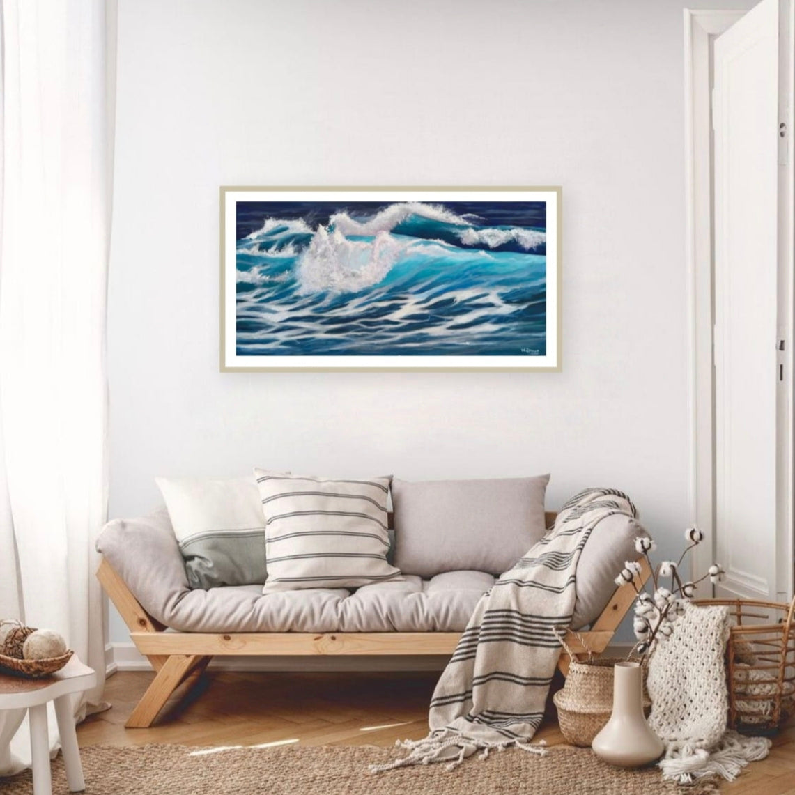 Large acrylic painting of powerful waves in turquoise and blue. Room mockup.