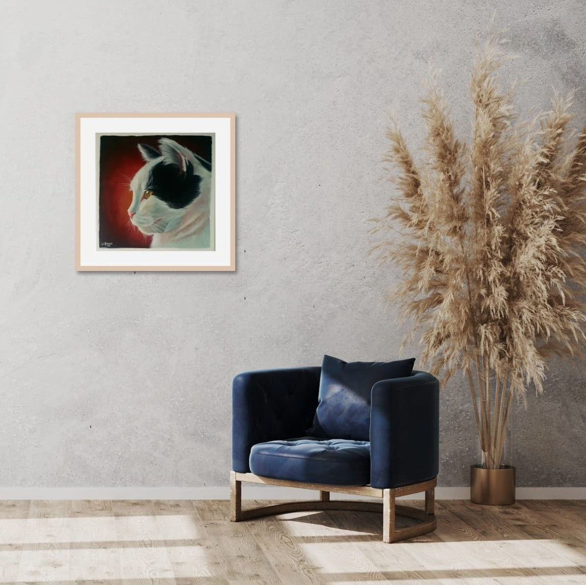 Cat painting on a warm red background. Pet portrait by Wendy Brown. Room mock up.