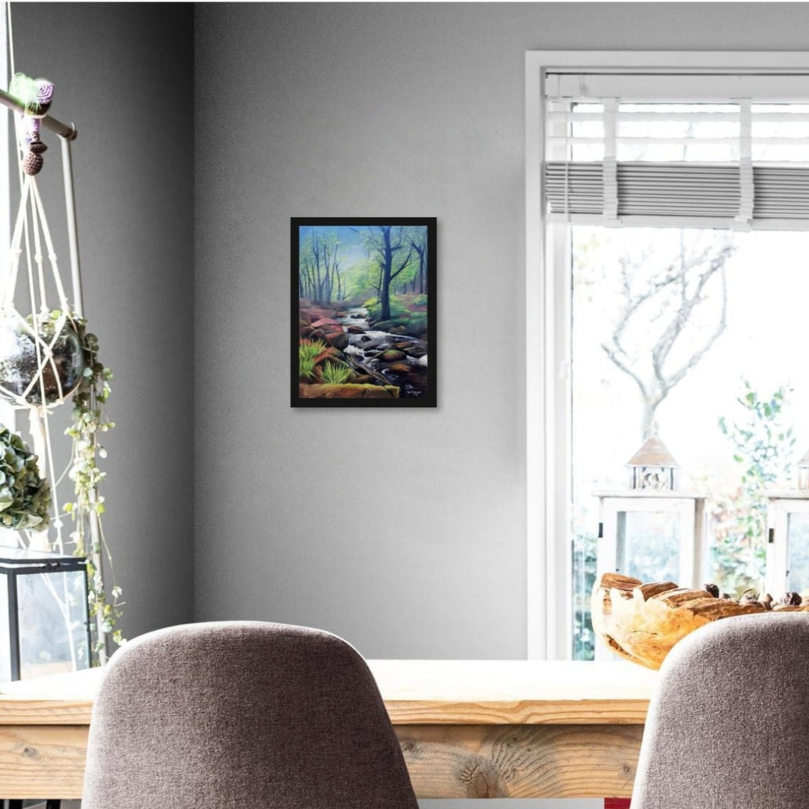 Room mock up showing the atmospheric river painting brightening up a dark corner