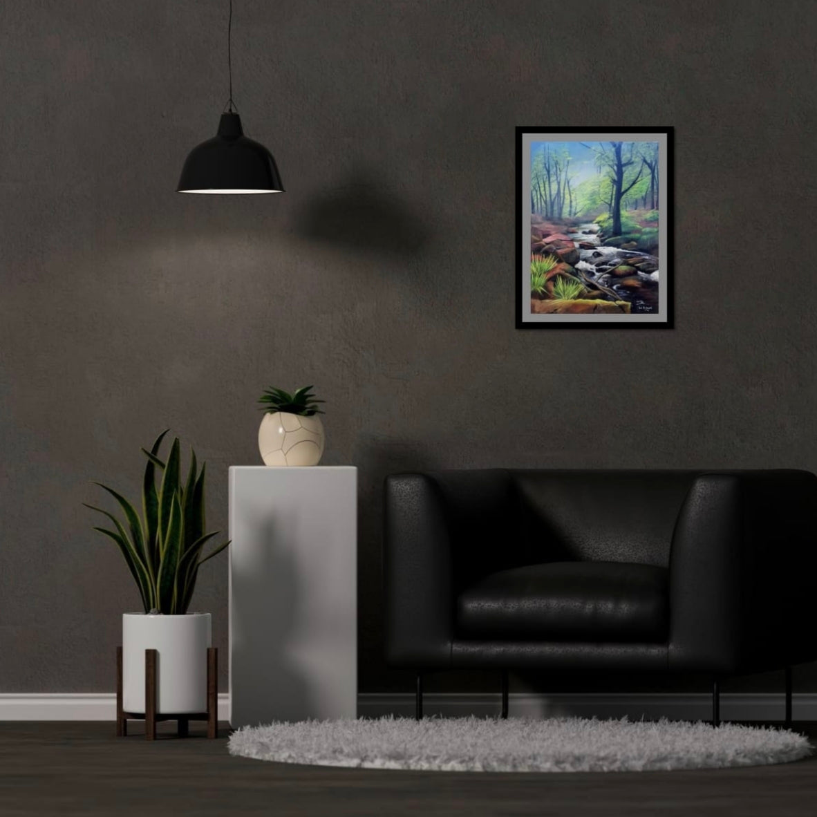 Room mock up showing the atmospheric river painting brightening up a very dark room.