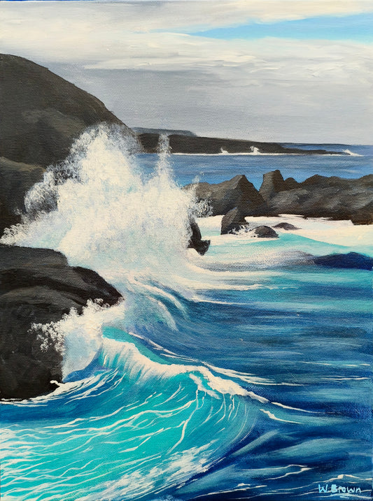 Acrylic painting of a seascape in Lanzarote showing waves crashing onto dark volcanic rocks. 
