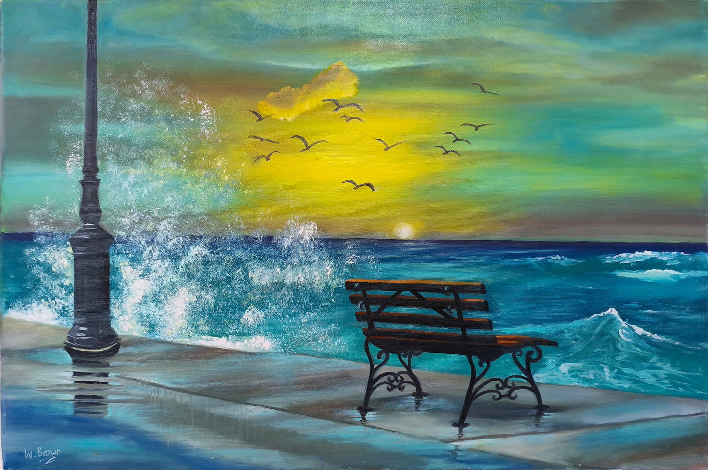 Oil painting of a seafront bench with splashing sea and a twilight sunset in turquoise and teal. 
