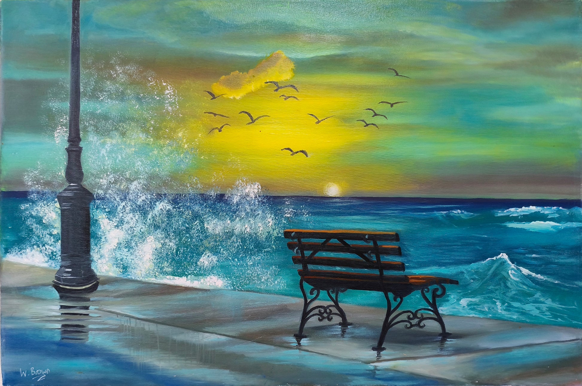 Oil painting of a seafront bench with splashing sea and a twilight sunset in turquoise and teal. 