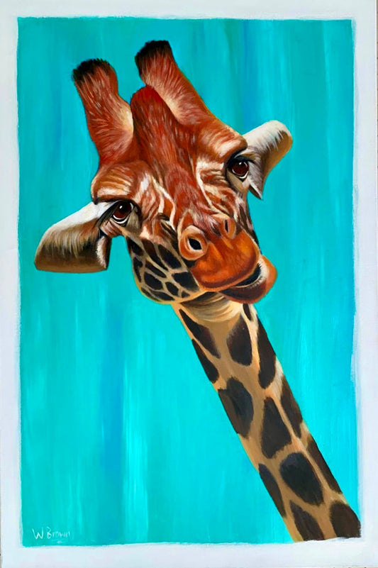 A whimsical, comical painting of a young giraffe on a turquoise backdrop 