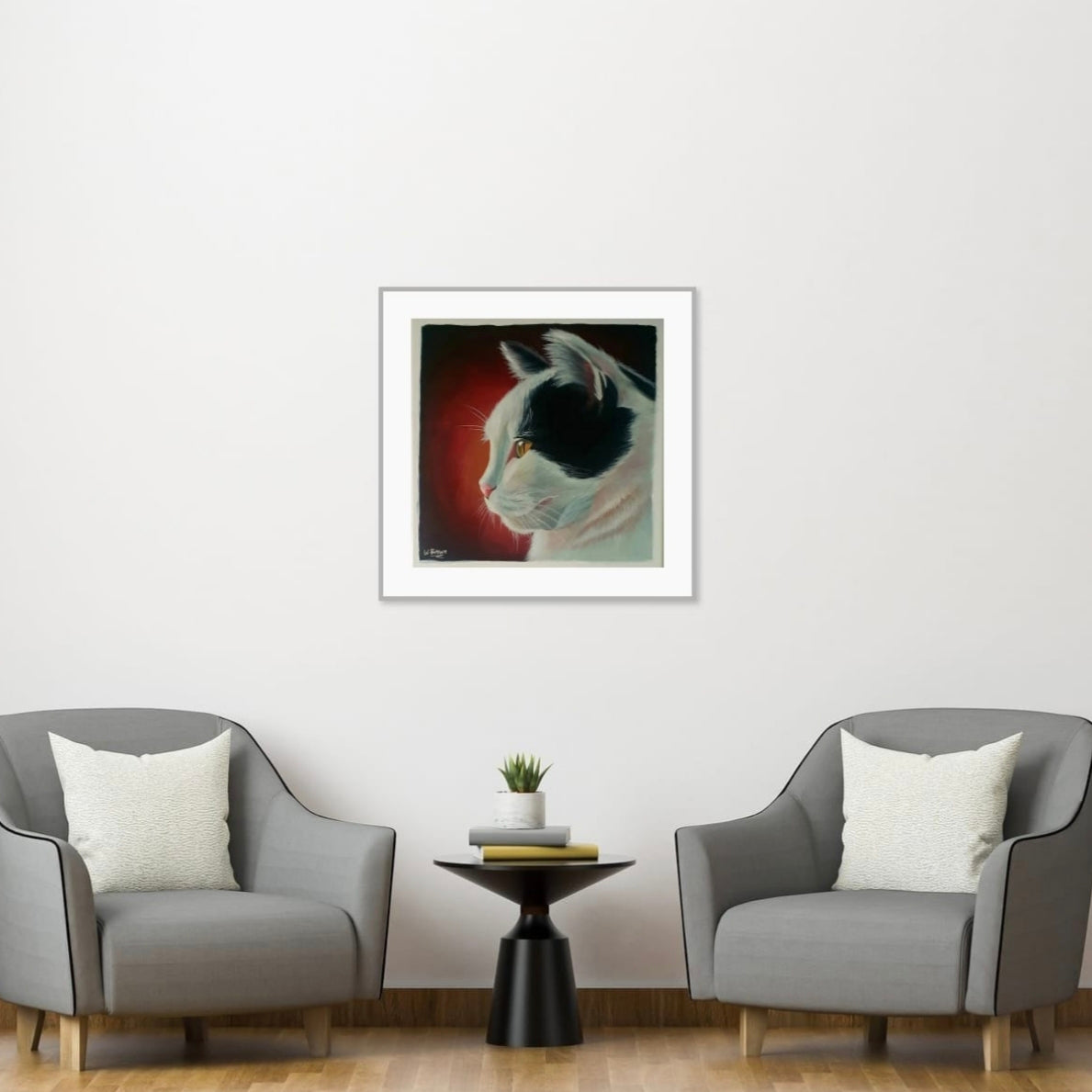 Cat painting on a warm red background. Pet portrait by Wendy Brown. Room mock up. 