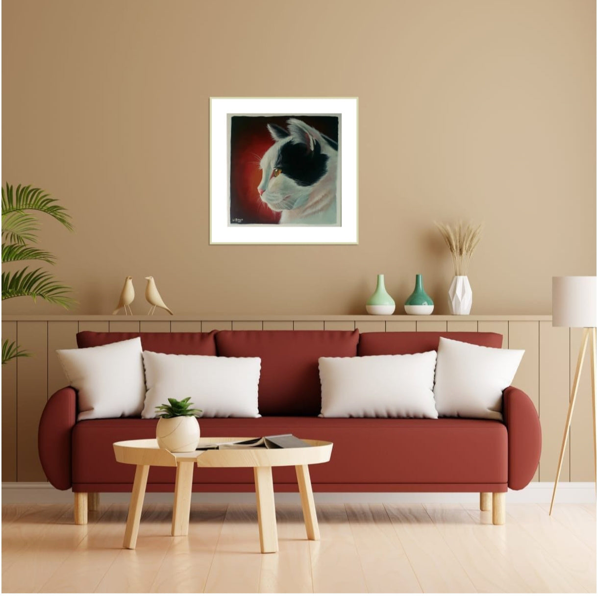 Cat painting on a warm red background. Pet portrait by Wendy Brown. Room mock up. 