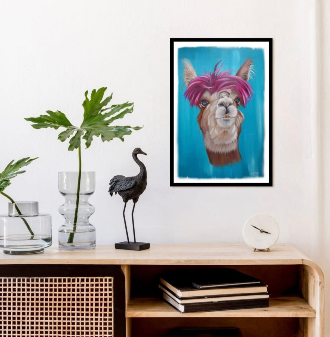 Room mock up showing the bold, modern colours of the Alpaca print, brightening up a very neutral room. 